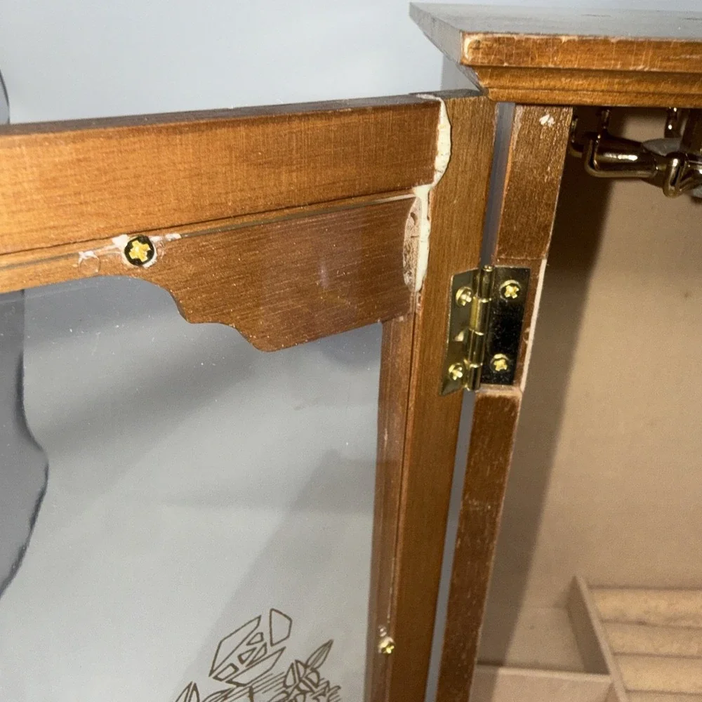 Vintage Wood 2 Door Jewelry Box Armoire Style Cabinet w Mirror Drawer Scuffs
